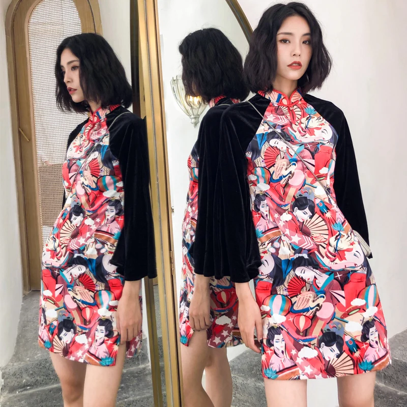 Винтажное женское модное платье бархатное с длинными рукавами и принтом qipao