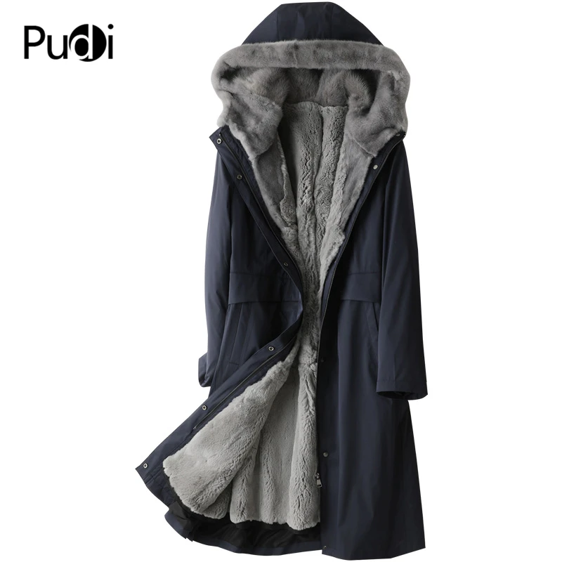 PUDI A49010 Женское зимнее пальто из хлопковой ткани, натуральный кроличий мех, теплая куртка, норковый меховой воротник, пальто для девочек, Женская длинная куртка, пальто