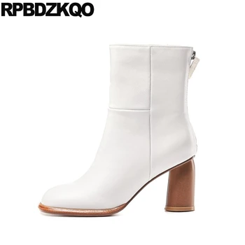

elegant beige shoes women boots winter 2019 plus size square toe crossdresser block autumn high heel 10 chunky ankle vintage big