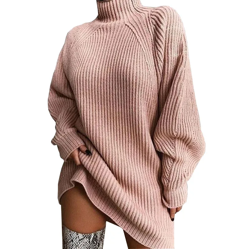 Women Turtleneck Sweater Dresses Autumn Solid Loose Knitted Dress Elegant Long Sleeve Oversized Winter Female Mini Sweater Dress