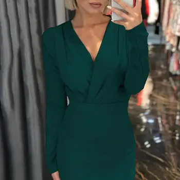 

Slim Dress Women Hot Selling Delicate Breathable Simplicity Solid Long Sleeve Ruffled Deep V-neck Hip Wrapped Dresses