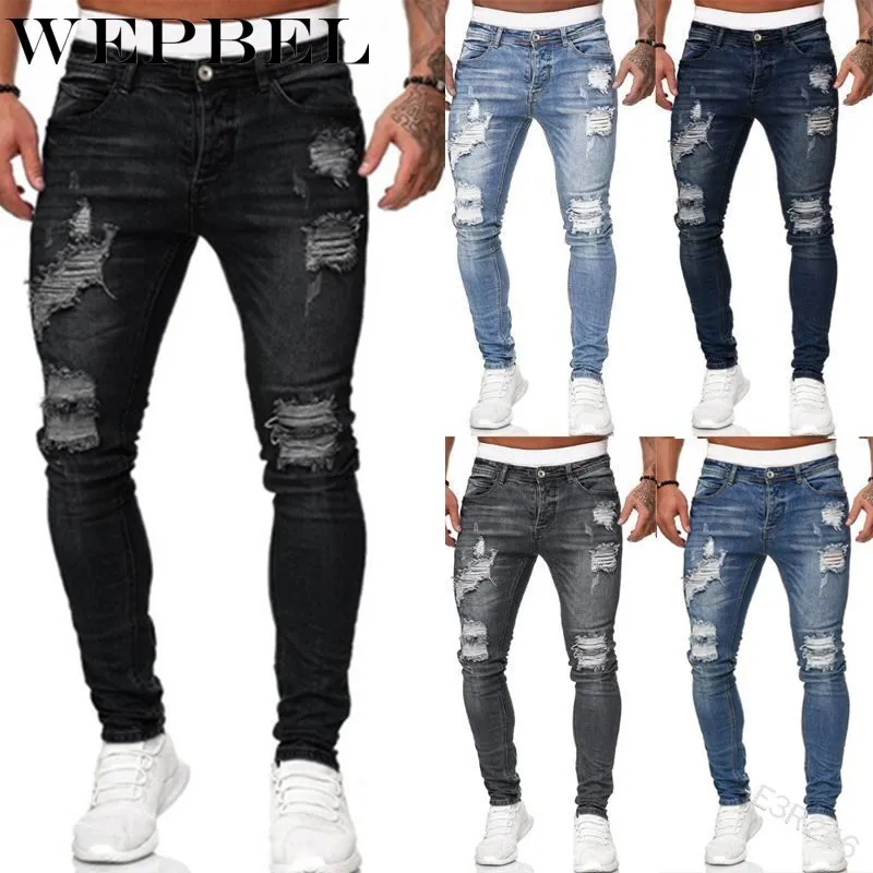 

WEPBEL Men's Sweatpants Sexy Hole Jeans Pants Casual Summer Autumn Male Ripped Skinny Trousers Slim Biker Outwears Pants