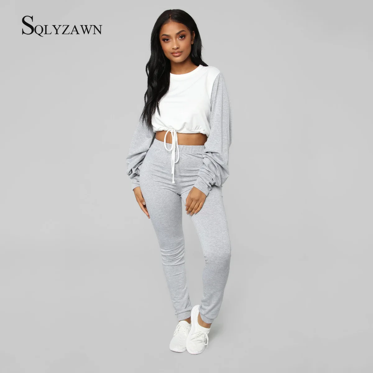 

Women Autum Loose Color Block Two Pieces Sets Patchwork Crop Top Sweatshirts Elastic Drawstring Pants Sporting Tracksuits Outfit