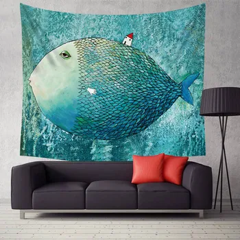 

Big Head Fish Tapestry Cute Cartoon Wall Hanging Tapestries Paintings For Children Room Bedside Party Background Cloth 230x180cm