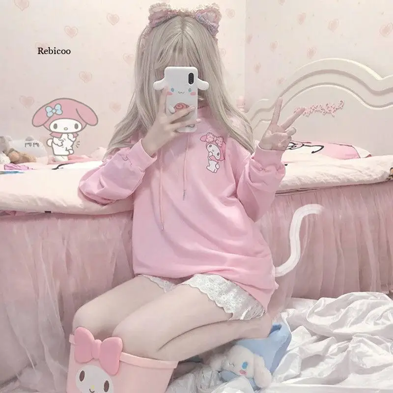

Pink Print Cartoon Oversized Hoodie Japanese Ins College Style Cute and Sweet Loose Hooded Student Jacket Spring and Summer New