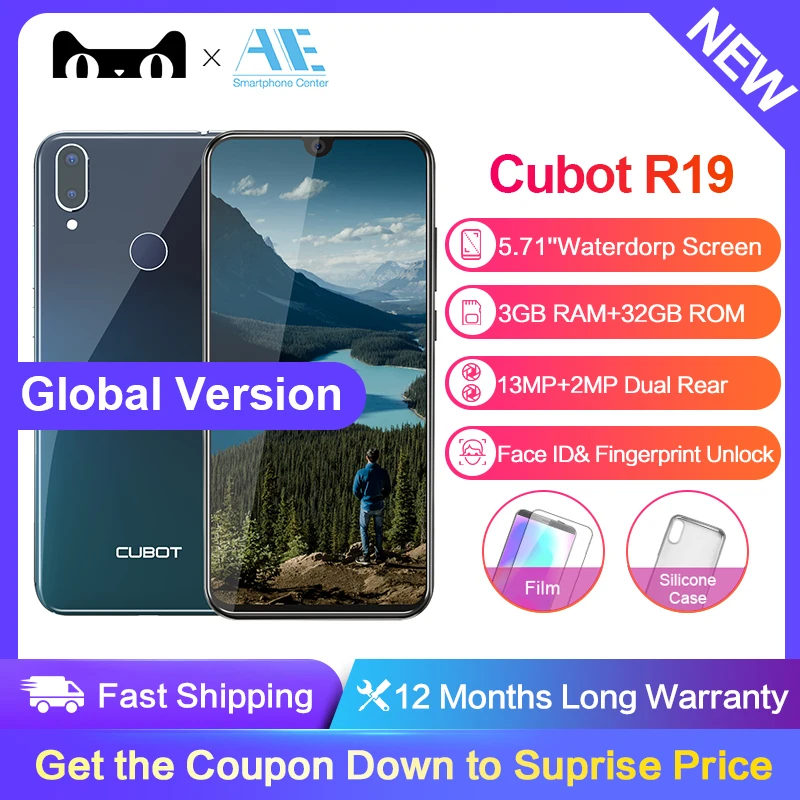 Смартфон Cubot R19 экран 5 71 дюйма Android 9 0 19:9 3 ГБ 32 четырехъядерный процессор сканер
