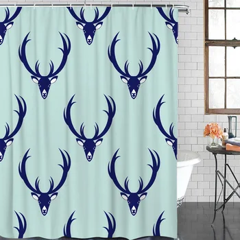 

Cartoon Bath Curtain Deer Head Horns Blue Shower Curtain Waterproof Polyester Fabric Bathroom Decor