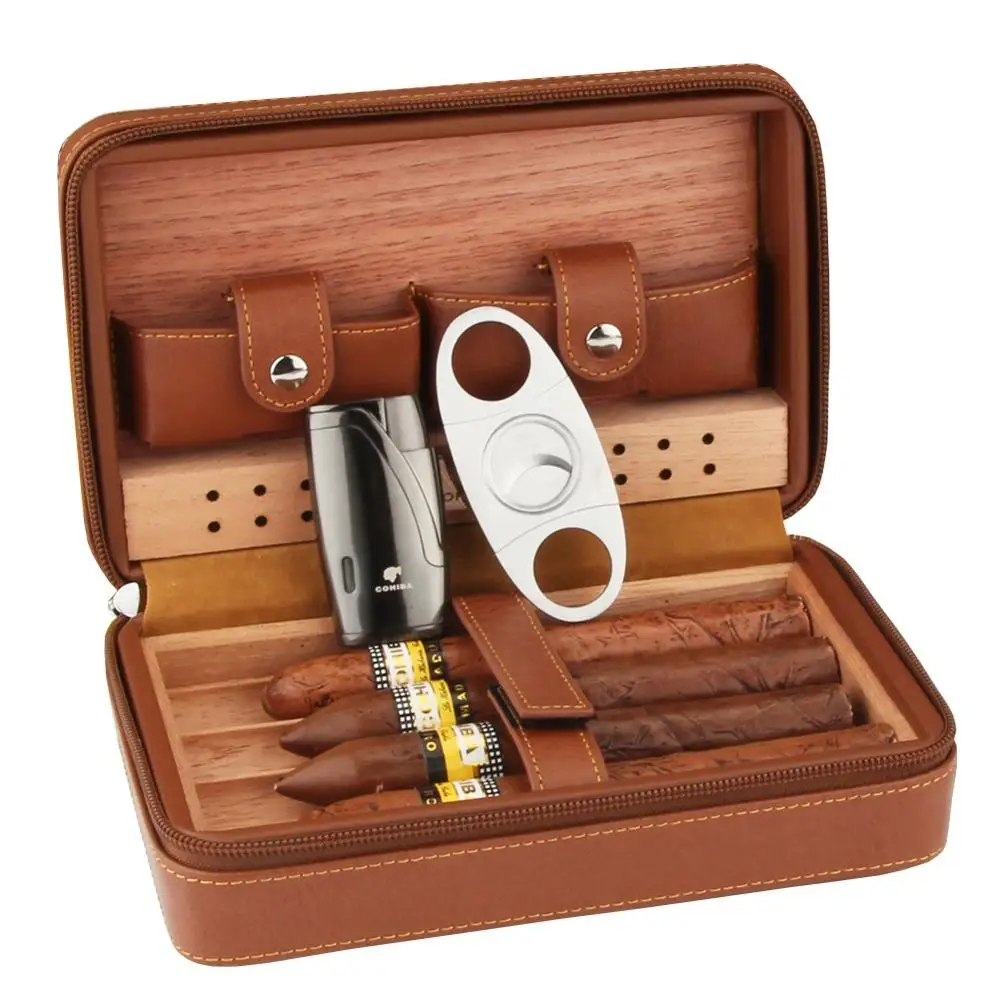 Sliver lighter COHIBA, кедровое дерево, хьюмидор для сигар, портативный кожаный чехол коробка для сигар с зажигалкой, резак, увлажнитель, коробка для увлажнения - Цвет: Sliver lighter