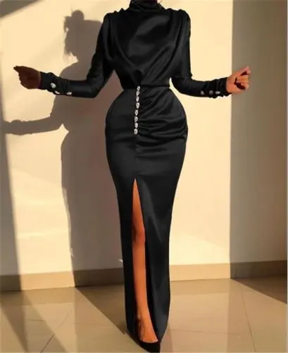 high neck ruched thigh slit evening dress