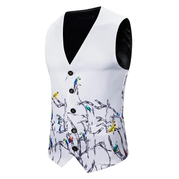 

Mens White Floral Bird Print Formal Dress Vest 2019 Brand Slim Fit Single Breasted Waistcoat Vest Men Party Wedding Tuxedo Vests
