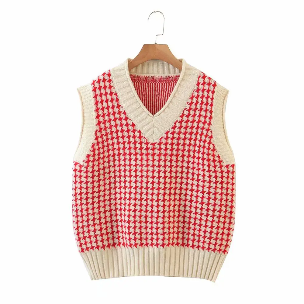 Женский свитер в клетку с v образным вырезом повседневный жилет консервативном