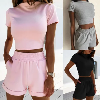 

Women Summer Solid Color Casual 2 Piece Set Pocket Decor O-Neck Short Sleeve Pullovers Short Top Elastic Waist Shorts Women suit