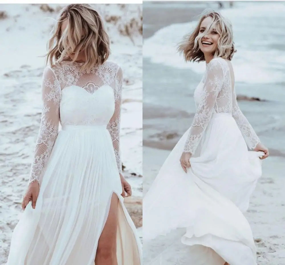 

Beach Lace Chiffon Wedding Dresses 2022 Boho Long Sleeve Side Slit Backless Bride Gowns Bohemian A-Line Vestido De Novia