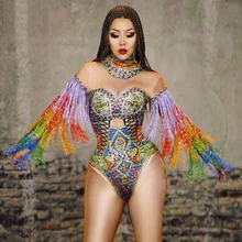 Разноцветные стразы с кисточками боди для женщин DJ певица бар сексуальный костюм для ночного клуба вечерние танцовщицы кристаллы боди с бахромой DJ1689