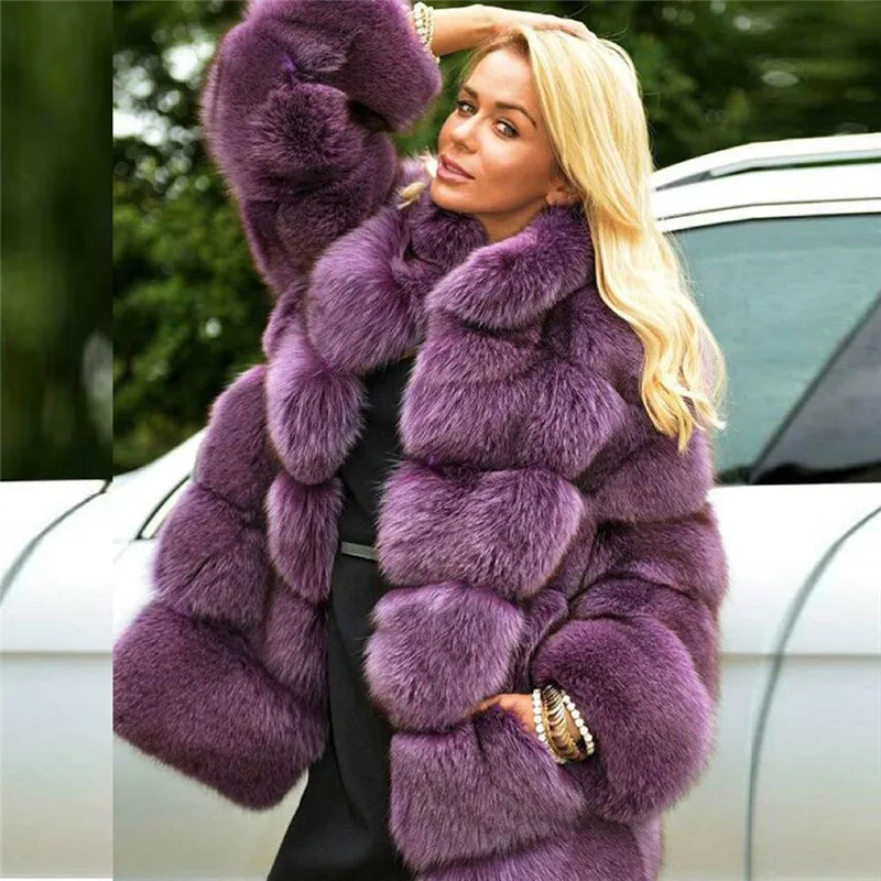 Purple Модная женская куртка из натурального Лисьего меха с воротником-стойкой, толстые теплые зимние пальто, роскошные женские пальто из натурального Лисьего меха высокого качества - Цвет: Purple