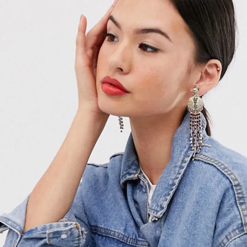 

Classic Color Rhinestone Peacock Tassel Drop Earrings Jewelry Women Shiny Crystal Phoenix Bird Dangle Earrings Accessories E6865
