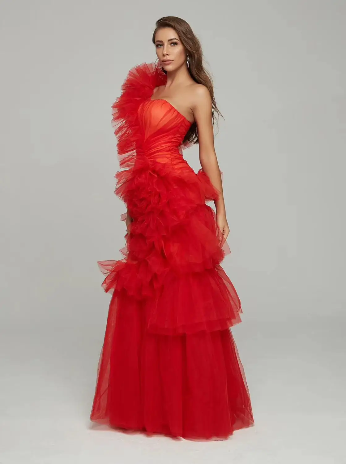 Горячее новое поступление, красное платье, элегантное, Каскадное, с оборками, Сетчатое, сексуальное, на одно плечо, для знаменитостей, для вечеринки, длинное платье