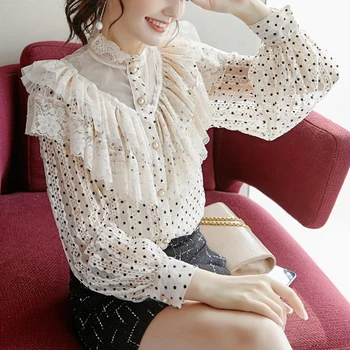 

[LIVIVIO] Polka Dot Patchwork Lace Chiffon Blouse Women's Ruffled Shirt Long Sleeve Beige Tops