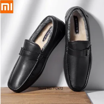 

Youpin QIMIAN men Luxury Wool mat Cowhide Leather shoes Keep warm wool male Casual shoes Slip on Driving Shoes