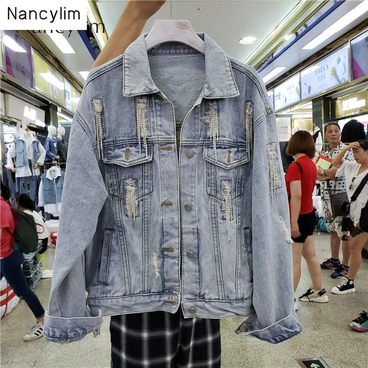 Street wear Jacket Women New Rhinestone Tassel Studded Denim Coat Female Loose Holes Casual Jean Coat Lady 2019 Autumn