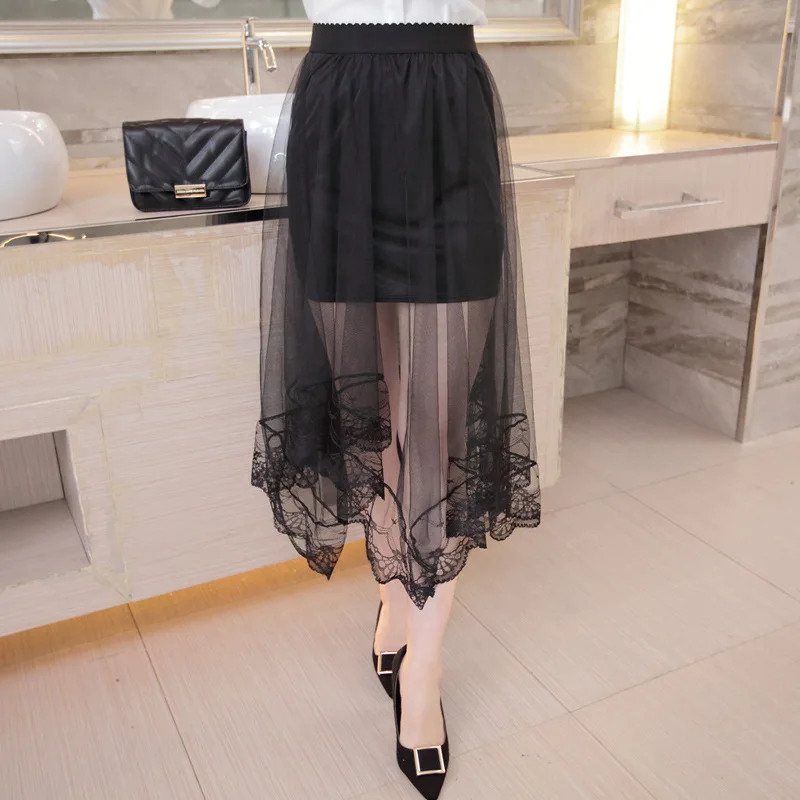 

Summer Lace Fairy Skirt Sexy Perspective Gauze Irregular Longuette