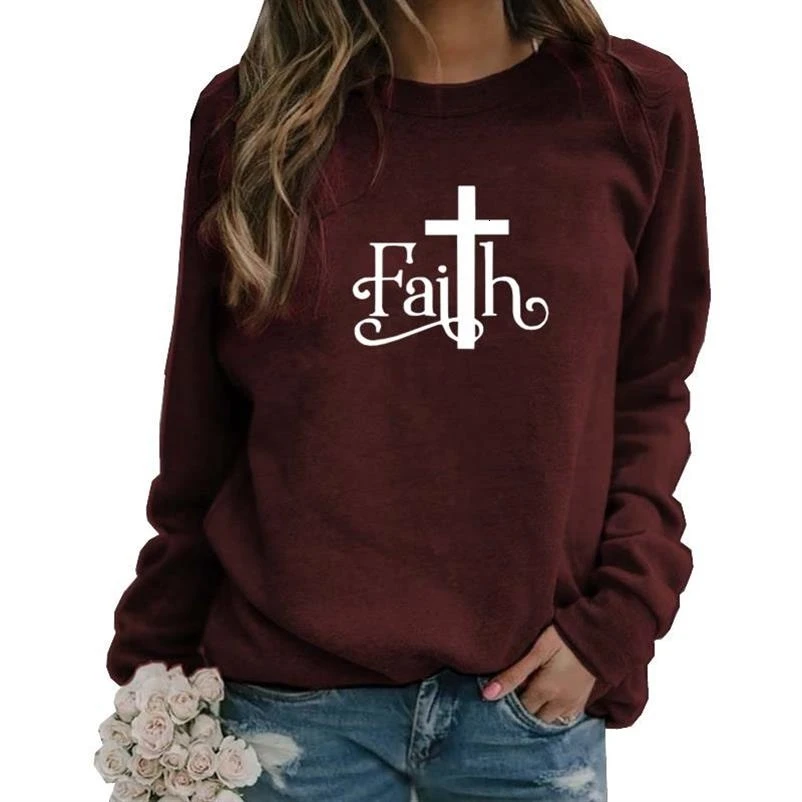 Женские хлопковые толстовки с буквенным принтом Faith, толстовки с длинным рукавом и круглым вырезом, повседневные женские толстовки размера плюс 5XL