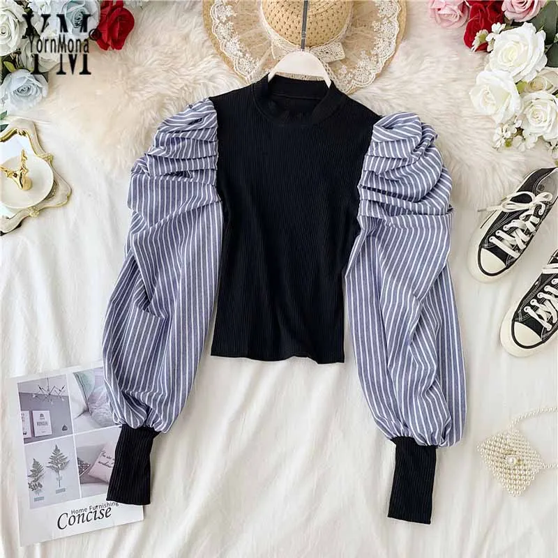 Jornmona/винтажная блузка в полоску с пышными рукавами, рубашка Ins, модные весенне-осенние женские топы в готическом стиле, корейский укороченный Топ для женщин, Blusas - Цвет: Черный