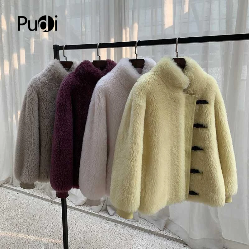 

PUDI C407004 women winter 100% real wool fur coat warm jacket coat lady age reduction Long coat jacket overcoat