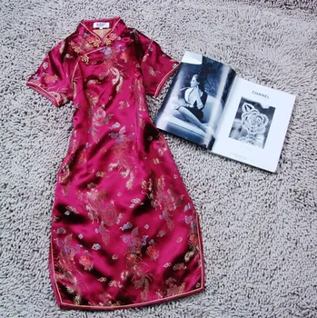 

High-end Burgubdy Women Qipao Sexy Slim High Slit Mini Cheongsam Vintage Mandarin Collar Dress Exquist Short Sleeve Vestidos