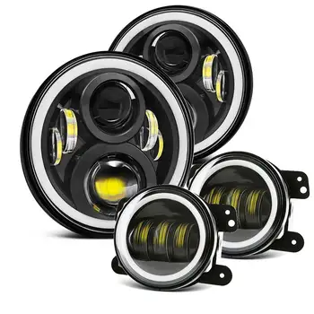 

7 Inch LED Halo Headlights with Turn Signal Amber DRL White+ 4 '' Halo Fog Lights for Jeep Wrangler 1997-2017 JK JKU TJ LJ
