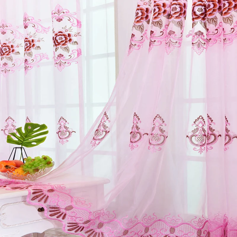 Ready Made Curtain Simple European Flower Embroidery Tulle for Living Room Pink Wedding Home Decor Screens For Bedroom M138#4