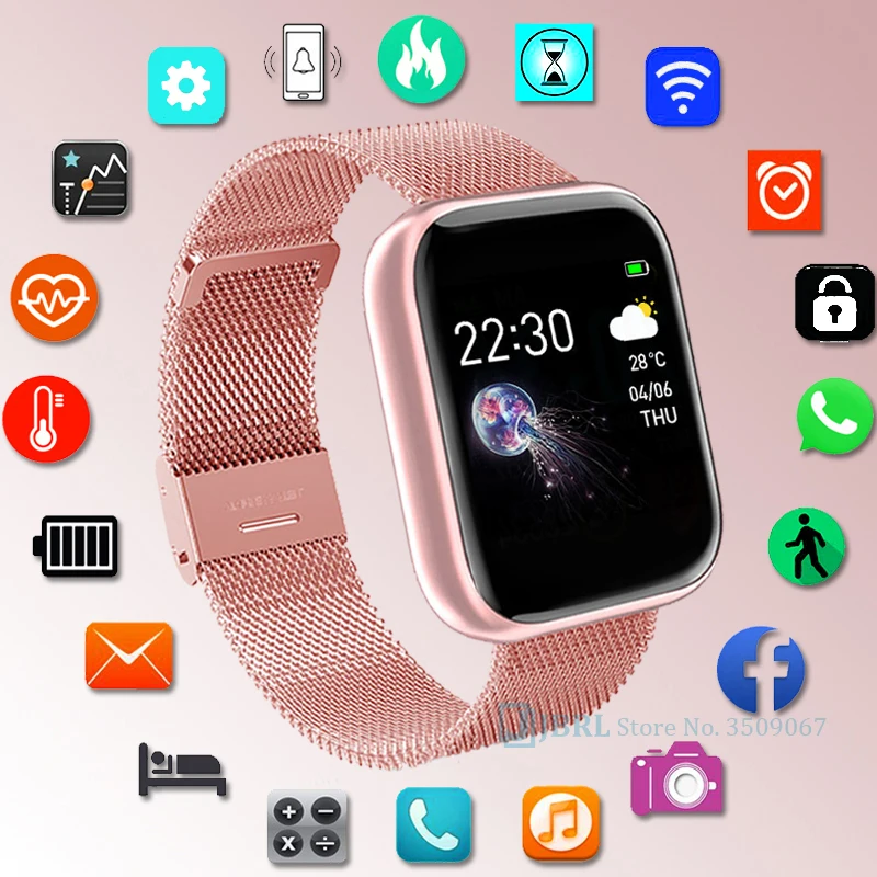 2021 Pink Steel Bracelet Smart Watch Women Men Ladies Smartwatch Android IOS Wrist Watch Fitness Tracker Smart Clock Smart-Watch