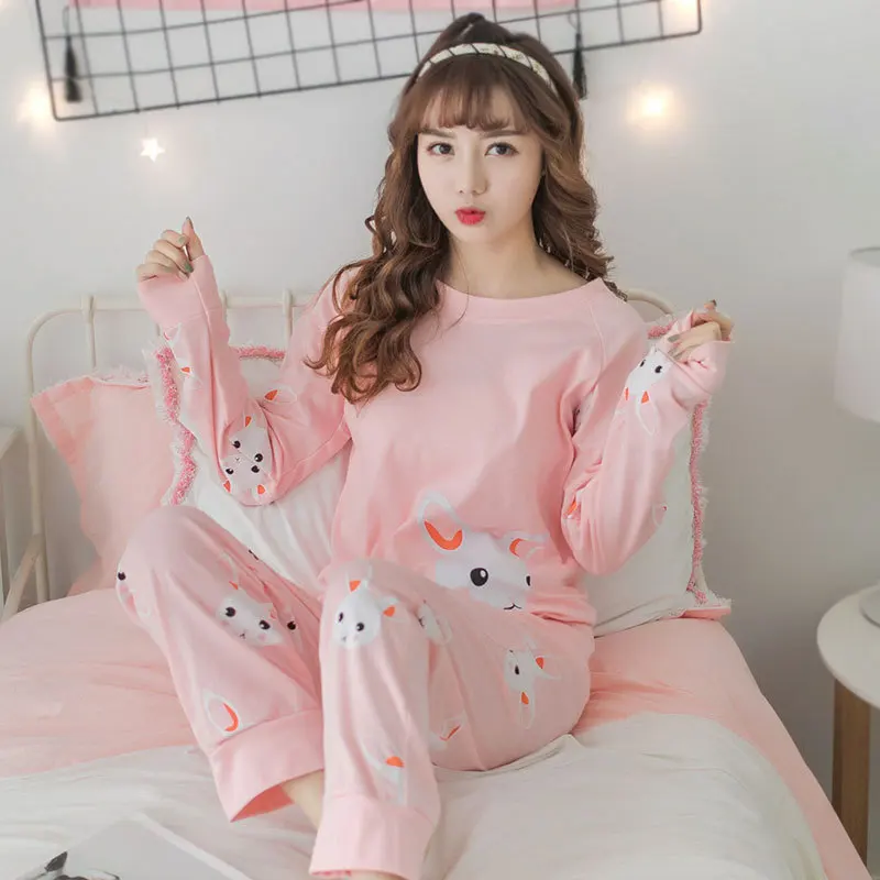 

Pajamas Women's Autumn Korean-style Fresh Long Sleeve Knitted Cotton Spring And Autumn Sweet Cute GIRL'S Season Homewear Set Sum