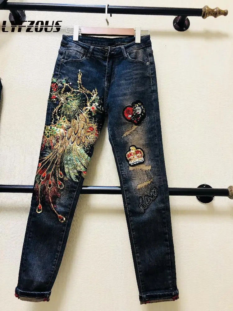 Новые осенние модные джинсовые брюки с вышивкой Феникса облегающие Женские
