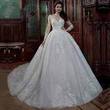 White Wedding Dress Lace 3D Flower O-neck Long Sleeve Simple Bridal Dresses Zipper Custom Made Plus Size Wedding Gown