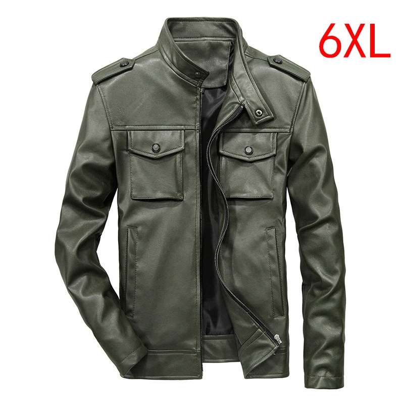 Chaquetas de cuero de los hombres abrigo de PU chaqueta tácticas Moto Biker chaqueta verde ajustada con bolsillo de Casual de hombre de talla grande 5XL 6XL HX362