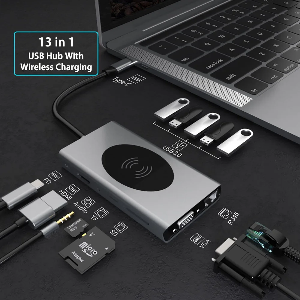 USB C Hub 13 в 1 Type с беспроводной зарядкой 4K HDMI адаптер 3 0 порты SD/TF кардридер USB-C Power