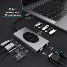 USB C Hub, 13-in-1 Type C Hub with Wireless Charging, 4K HDMI Adapter, USB 3.0 Ports, SD/TF Card Reader, USB-C Power Delivery