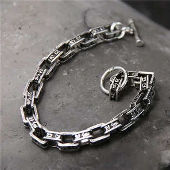 

Starfield S925 Sterling Silver Buddhism Six Words Mantra Coarse Men's Retro Thai Silver Jewelry Vintage Style Bracelet