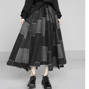 

WOMENGAGA New High Waist Was Thin Loose A-line Irregular Big Swing Stitching Geometric Denim Skirt Women Elastic Waist A665