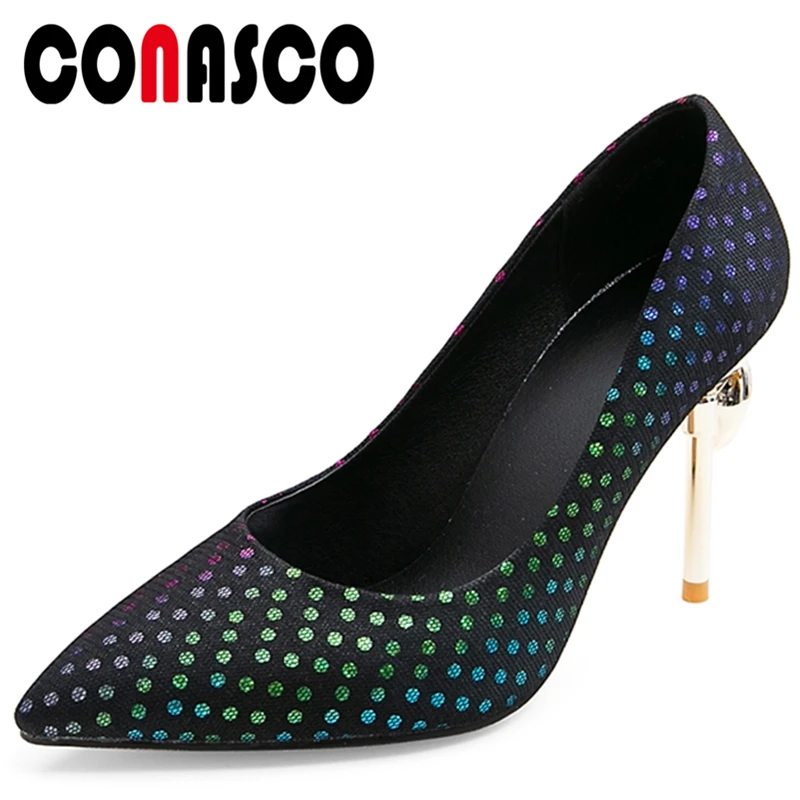 

CONASCO Fashion Sexy Woman Party Wedding Night Club Mixed Colors Embossing Crystal Thin Heel Pointed Toe Shallow New Shoes Woman