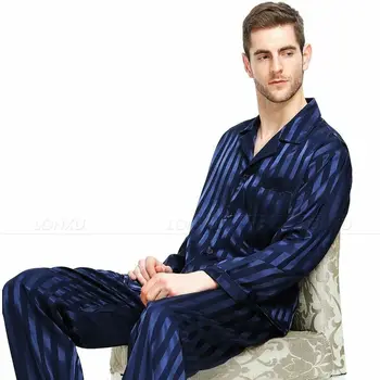 

Men´s Hidden Stripe Pajama Set Men Sleepwear Modern Style Silk Nightgown Mens Stain Silk Pajama Set