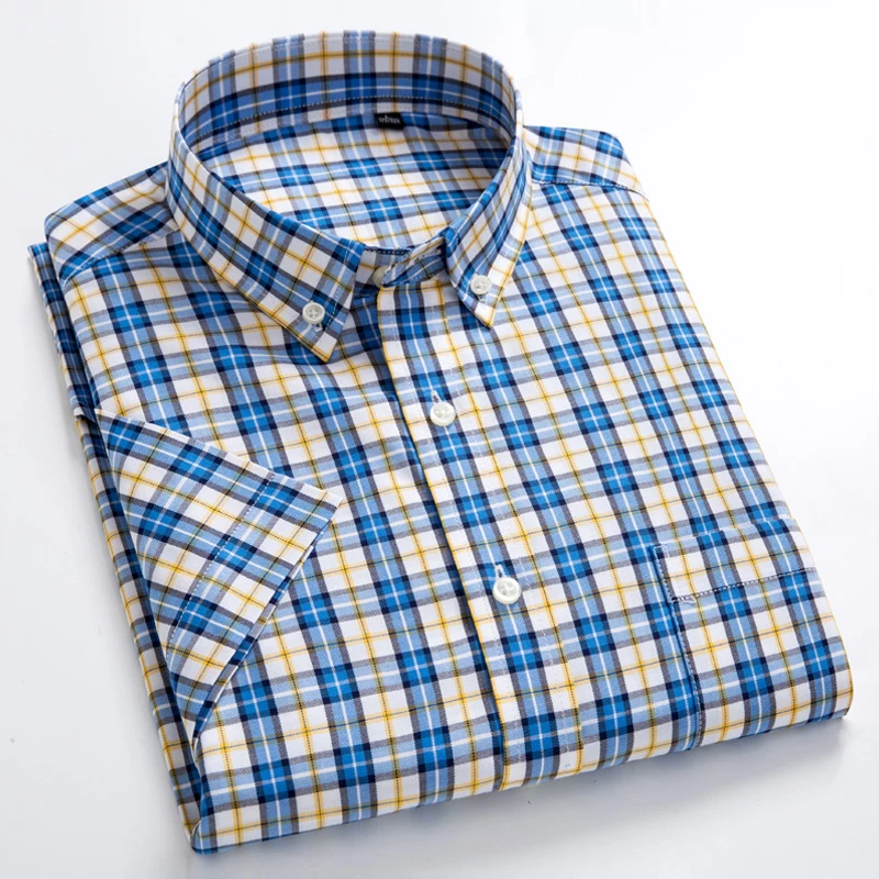 Thin-Shirts Short-Sleeve Checkered Plaid Button-Down Striped Mens Casual 100%Cotton