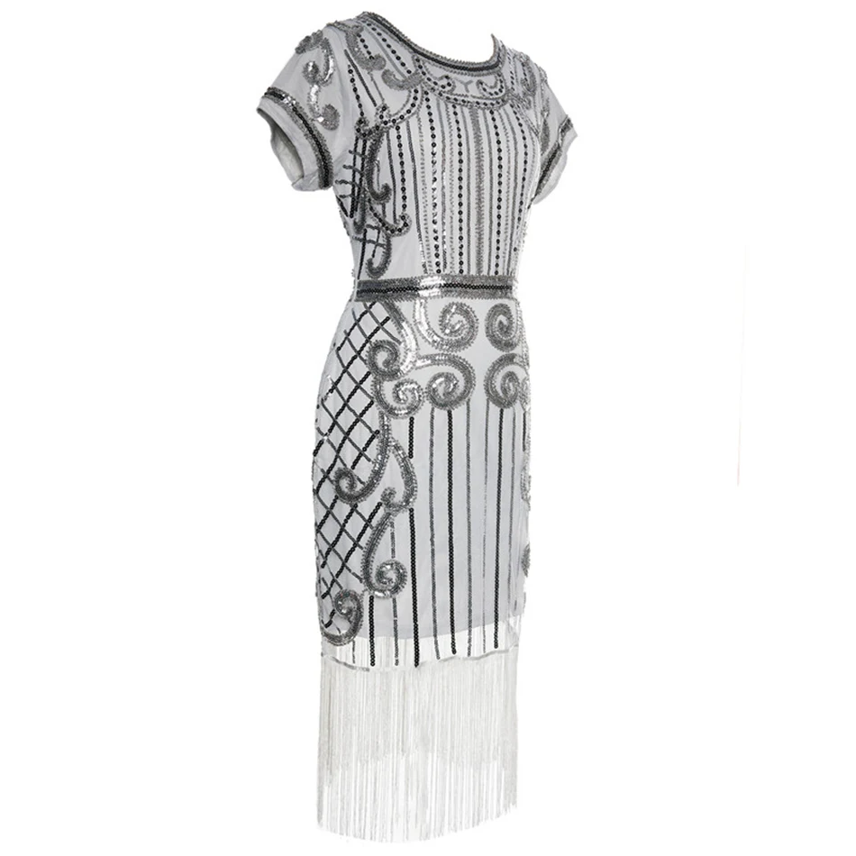 Amily.c2019 Autumn Women's Sequins Embroidered Beaded Fringe Hem Short Sleeve Silver Dress Vestidos Sexy Bodycon Club Party