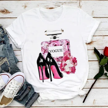 

New Vogue Perfume Vase White T Shirt Women Summer Flower Short Sleeve Lady Tops Tshirt Ladies Womens Graphic Female Tee T-Shirt