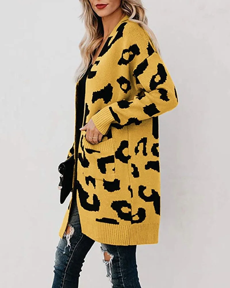 Осень женские леопардовые Длинные кардиганы офисные женские свободные длинные рукава толстый теплый зимний женский свитер-пуловер Джерси mujer