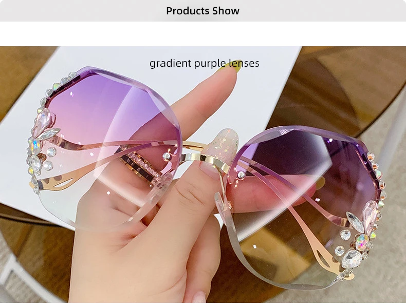 Fashion Anti-UV Diamond Sunglasses Women UV400 Rimless Vintage Sun Glasses Rhinestone Retro Sunglass Luxury Designer Oculos