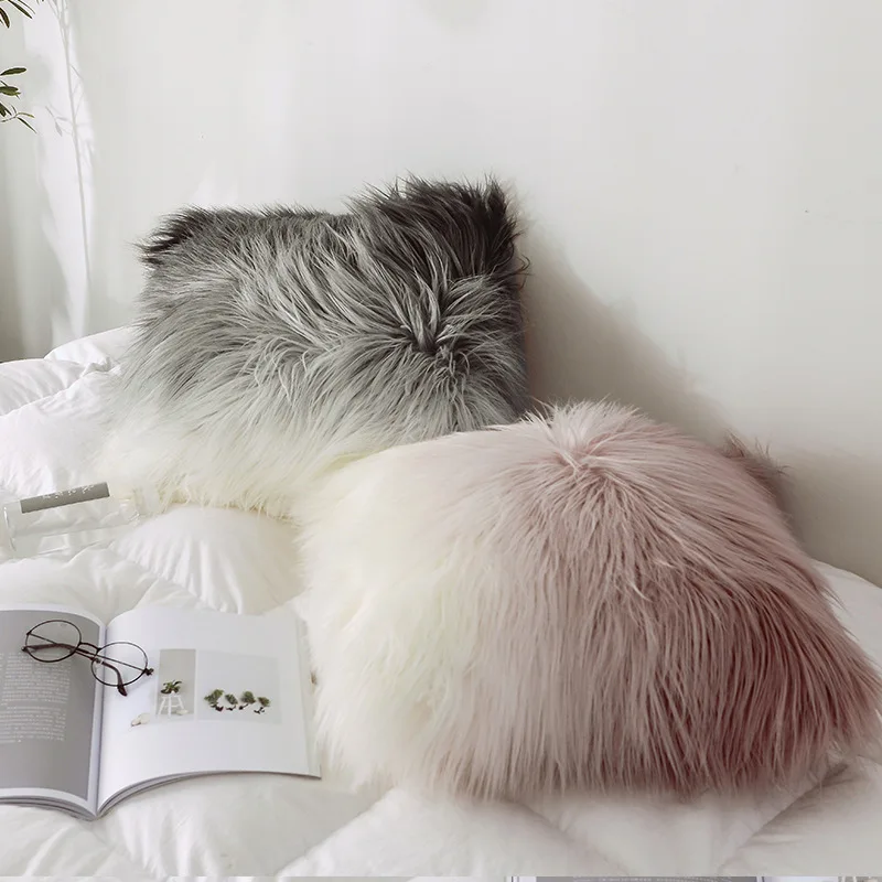 Fashion New Gradient Wool Long Plush Cushion Cover 50cm European Ins Home Decor Sweet Hold Pillow Case Room Sofa Bed | Дом и сад
