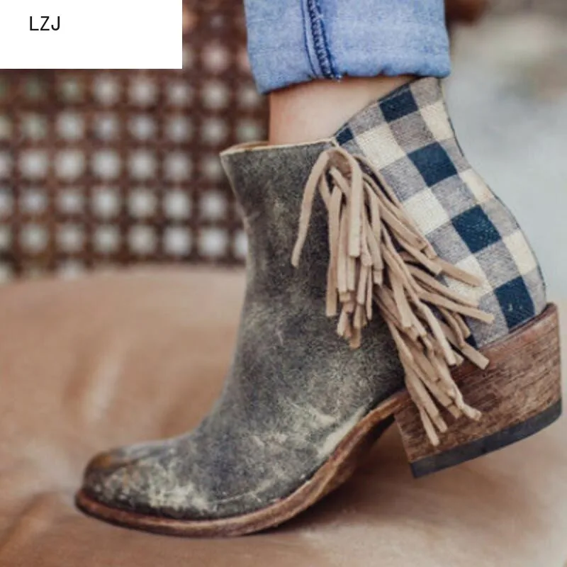 

LZJ 2019 New Classic Retro Botas Mujer Women Shoes Fringe Western Booties Casual Winter Boots Shoes Women Ankle Boots Mujer