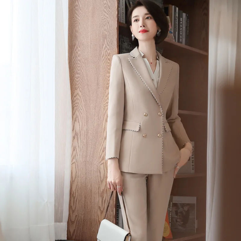 Women Suit Gray Casual Blazer & High Waist Pant Office Lady